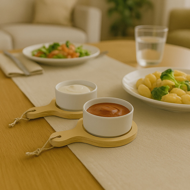 Snack készlet, öntetek és előételek - 2 kerek porcelán tálka tálcán