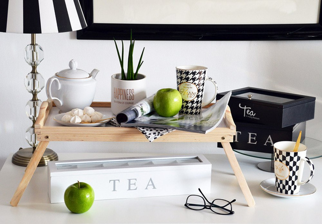 Fából készült teásdoboz TEA, 9 rekesszel, fekete