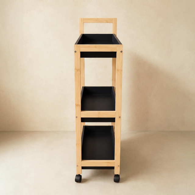 Bambusz polc kerekeken, 38 x 20 x 79 cm, fekete