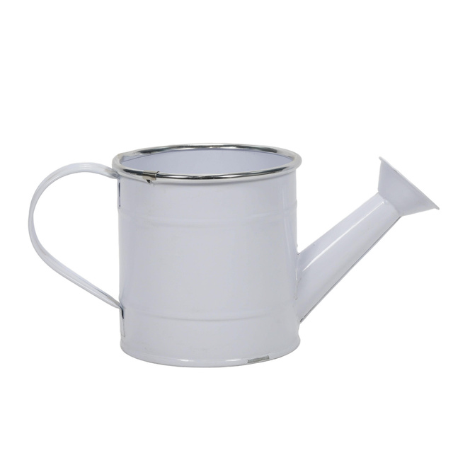 Kaspó öntözőkanna formájú, fém, fehér.