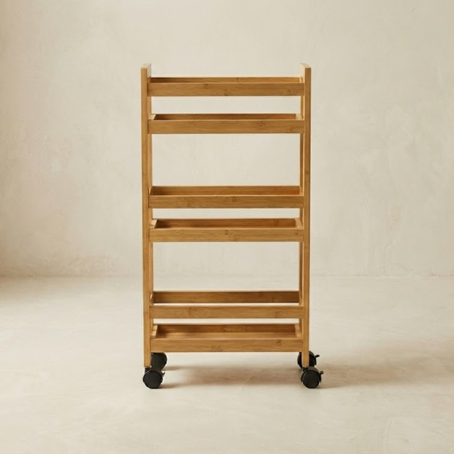 Keskeny fürdőszobai polc kerekeken, 3 polccal KLUK, 38 x 15 x 76 cm, barna