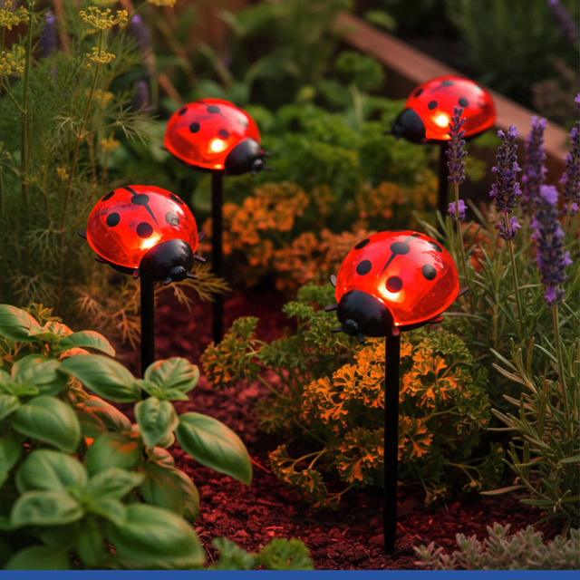 Napelemes kerti lámpák, LED katica, 14 cm, 4 db