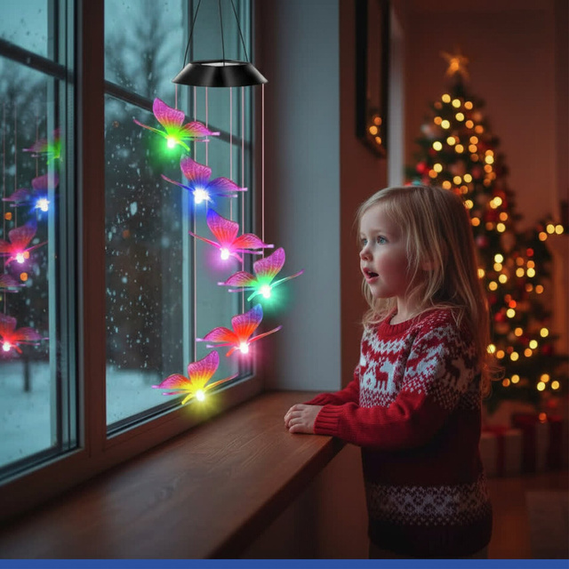 Napelemes függő lámpa, LED pillangók, szélcsengő, 78 cm