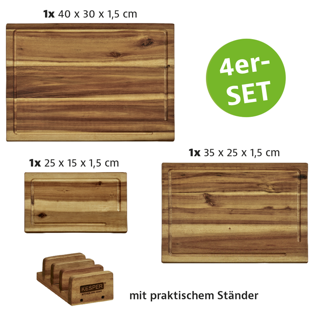 3 darabos vágódeszka szett tartóval, akácfából