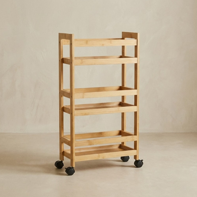 Keskeny fürdőszobai polc kerekeken, 3 polccal KLUK, 38 x 15 x 76 cm, barna