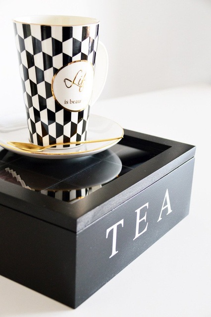Fából készült teásdoboz TEA, 9 rekesszel, fekete