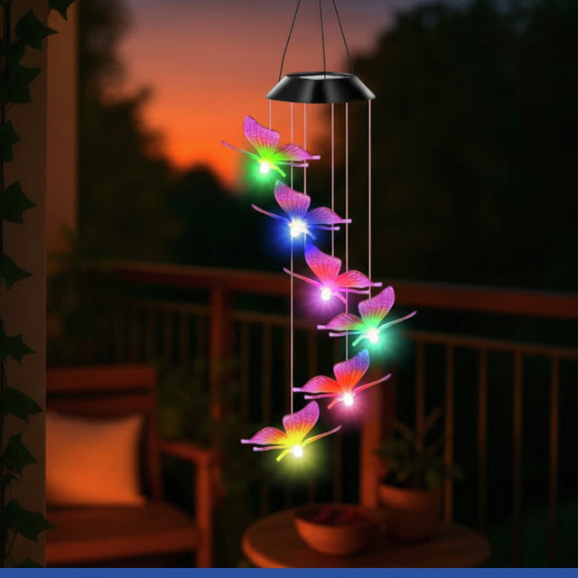 Napelemes függő lámpa, LED pillangók, szélcsengő, 78 cm