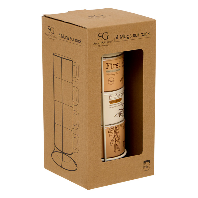 4 darab WELLNESS bögre állványon, porcelán, 220 ml