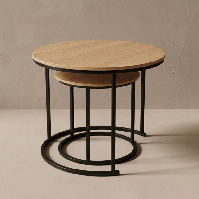 2 darab kerek kávéasztal szett, Ø 60 cm x 50 cm, fekete és barna